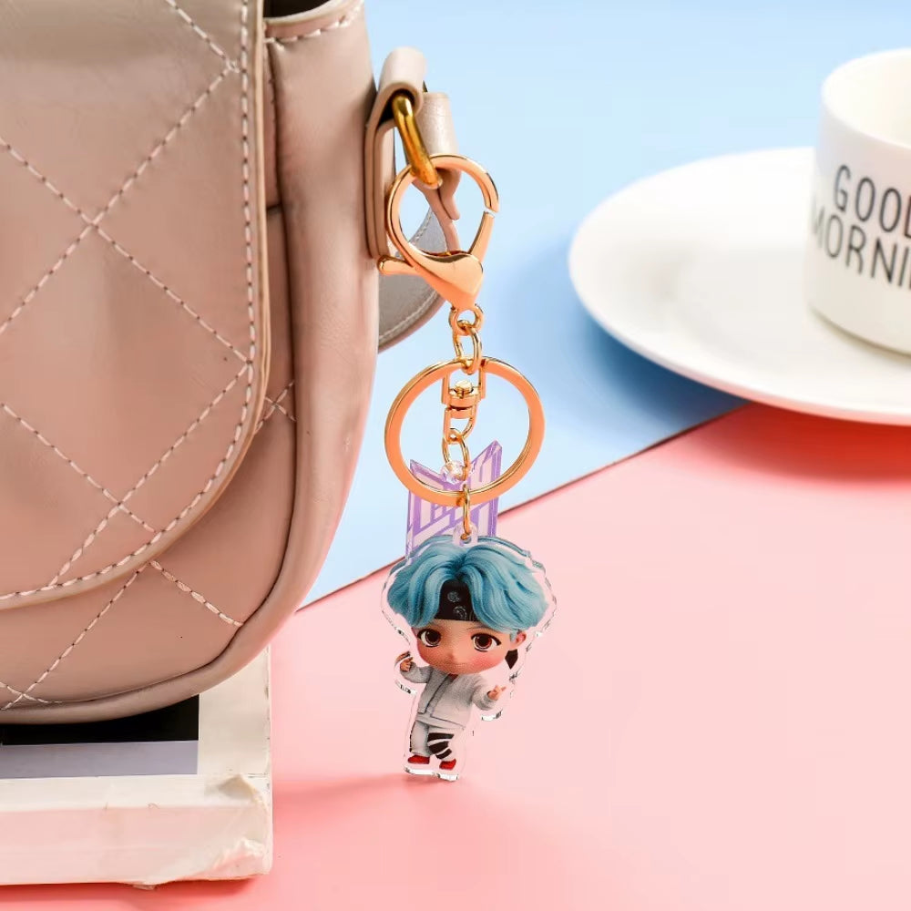 New Fashion Korean Stream Keychain Cute Cartoon Bulletproof Boy Key Ring Bag Pendant Acrylic KPOP Support Surrounding Keychain